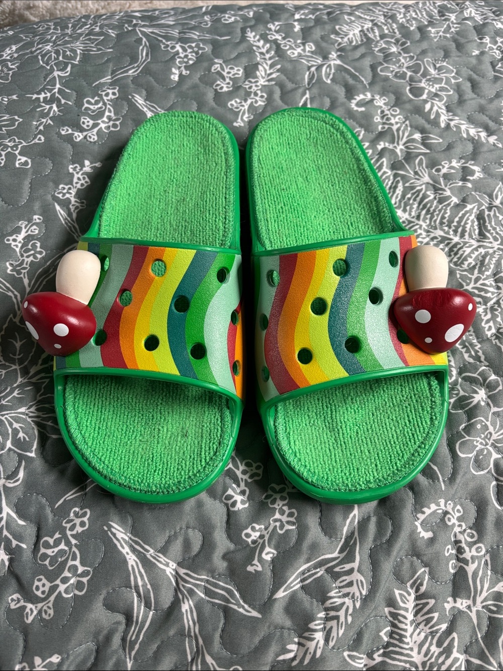 Womens 8/ Men’s 6 Crocs Green Rainbow Slide Sandals with Mushroom Charm